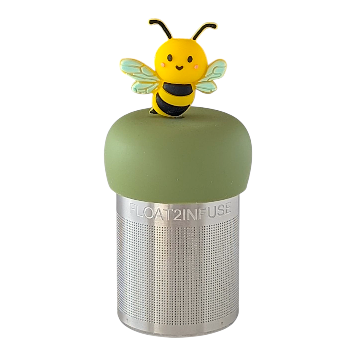 A charming reusable tea steeper, the Bumble Bee - Floating Tea Infuser by Float2infuse Tea Infuser features a green silicone lid adorned with a cute yellow bee figurine sporting blue wings. The word “FLOAT2INFUSE” is engraved on the metal infuser, making this delightful loose-leaf tea accessory perfect for brightening up your teatime ritual.