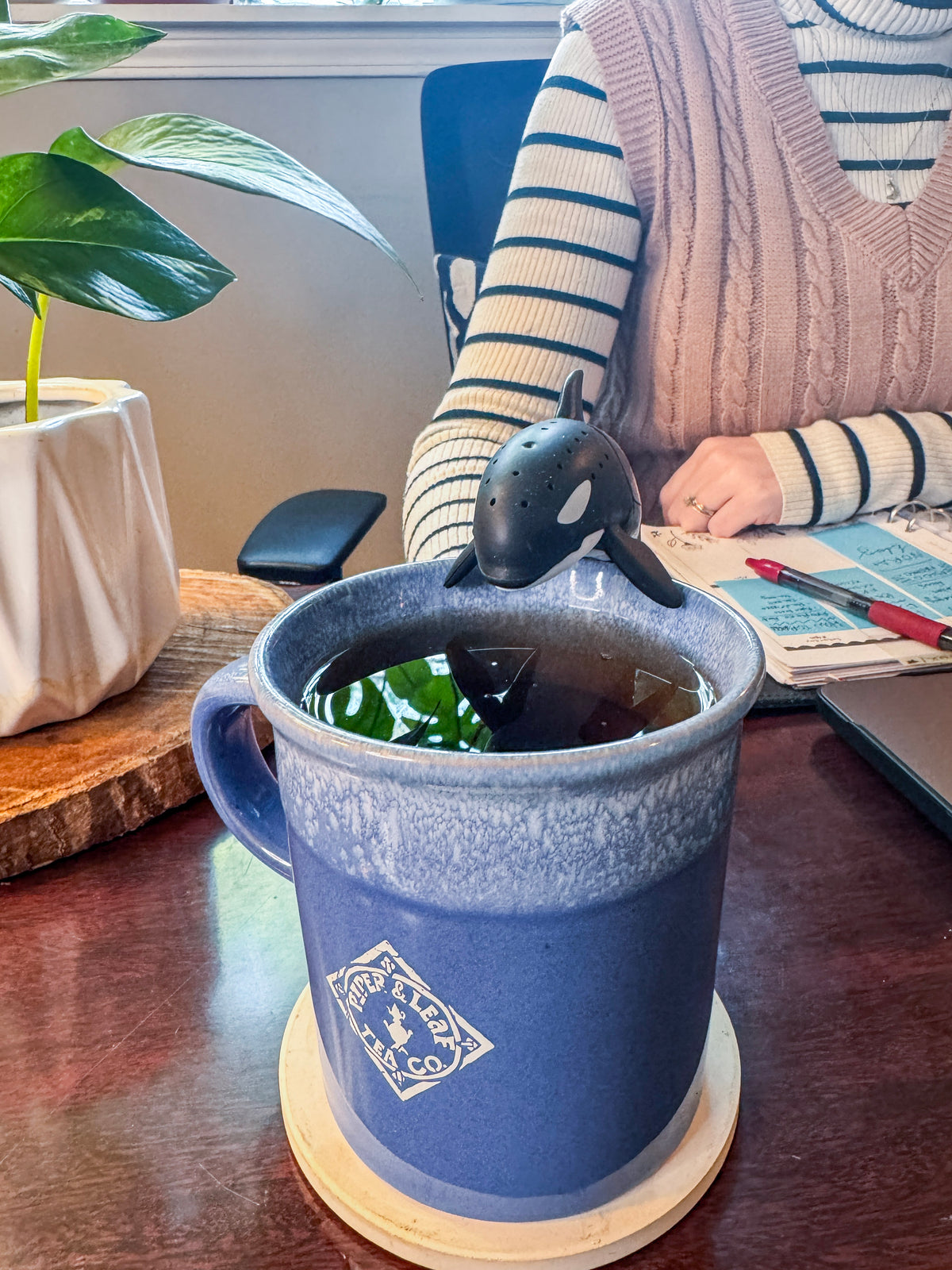 A person sits at a desk with an open notebook and pen beside a large blue mug of loose-leaf tea, featuring the Piper & Leaf Tea Co. Steep Dive Infuser—an orca-shaped accessory—resting on its rim.