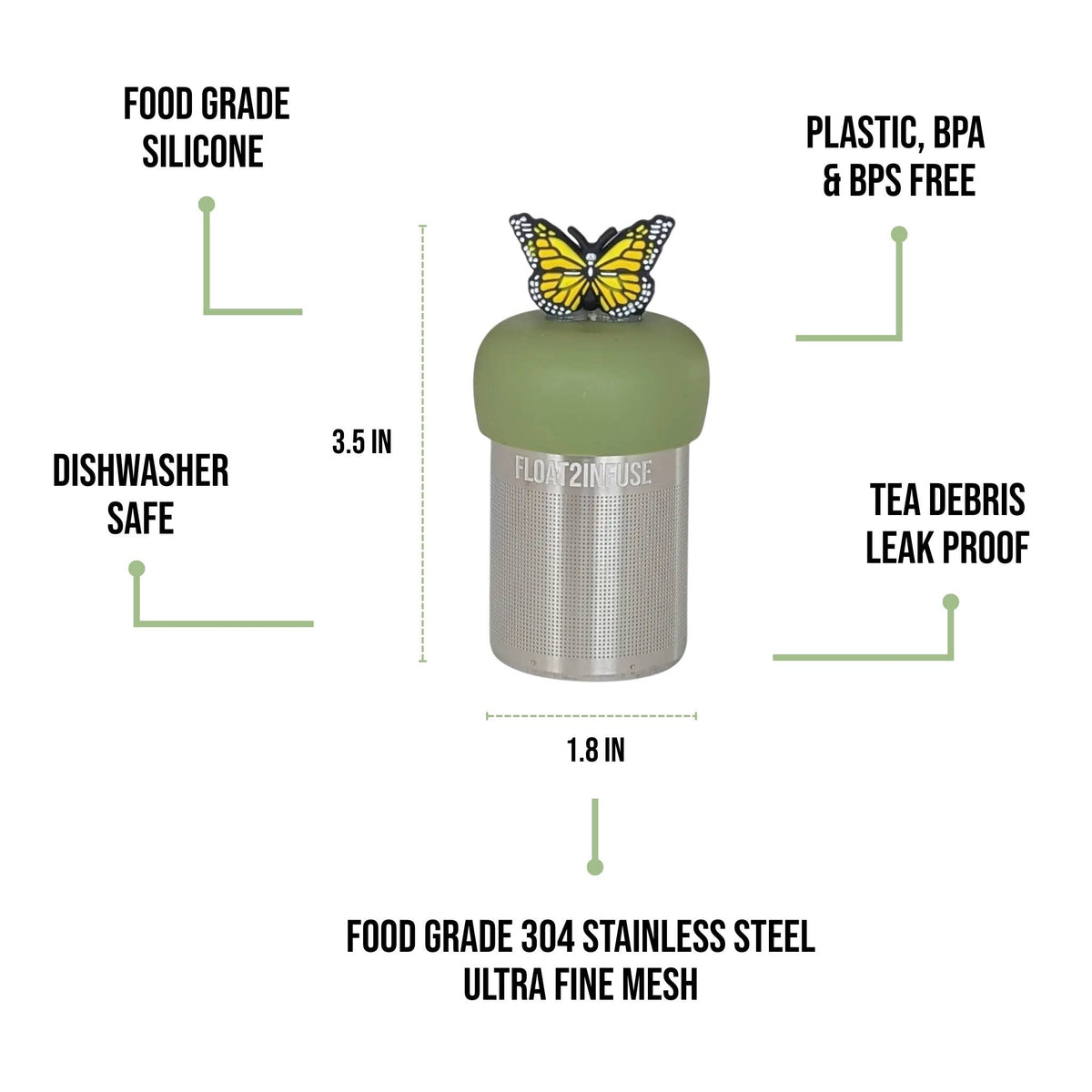Float2infuse Tea Infuser presents the Yellow Butterfly - Floating Tea Infuser, designed with a butterfly-shaped handle and a green silicone top. Crafted from food-grade silicone and BPA/BPS-free materials, this leak-proof and dishwasher-safe tea accessory features a stainless steel mesh body for effortless brewing of loose leaf tea. Measuring 3.5 x 1.8 inches, this floating yellow butterfly infuser is perfect for every tea lover.