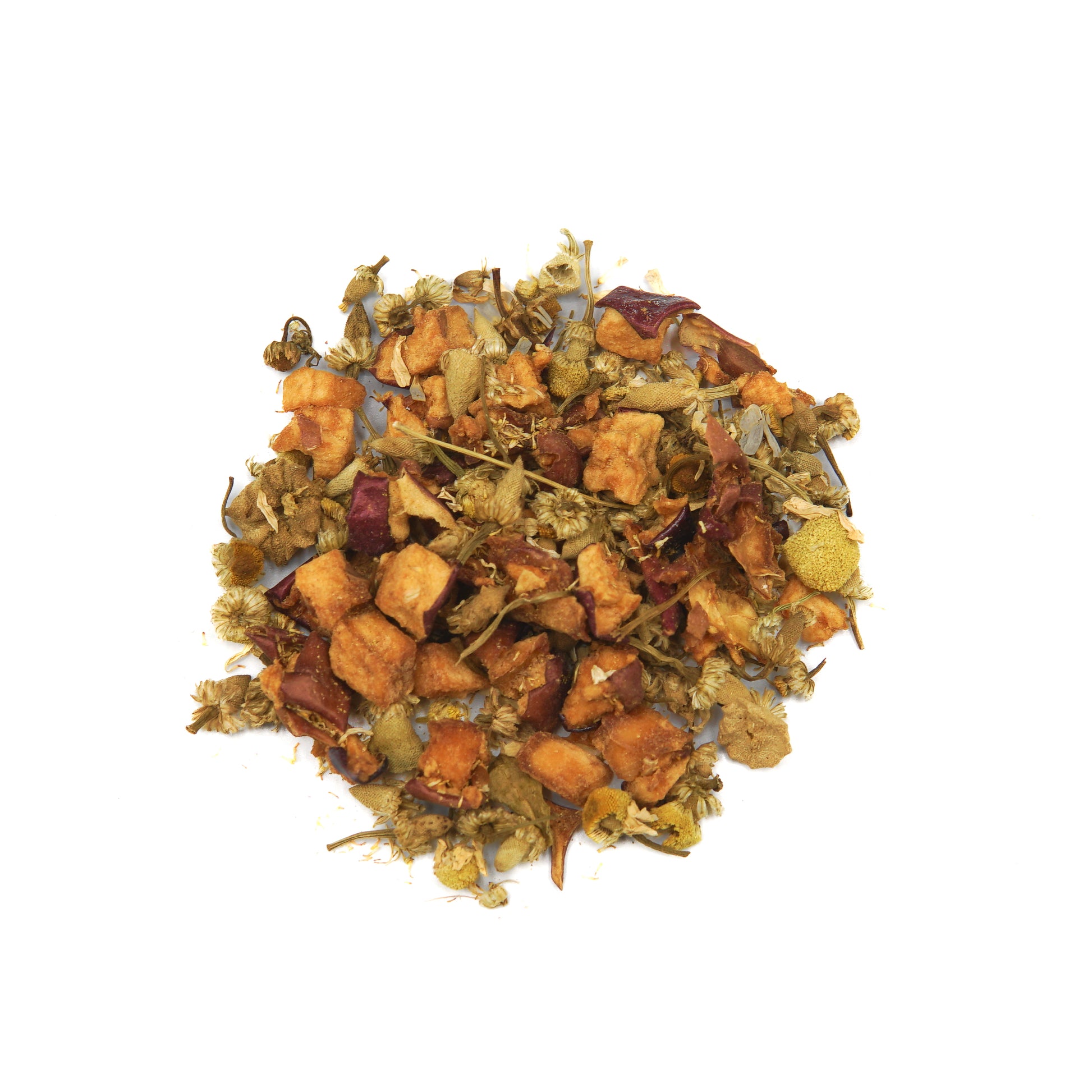 A pile of Piper and Leaf Tea Co. Chamomile Apple 40 Serving Loose Leaf Tea, featuring dried apple pieces, chamomile flowers, and other assorted botanicals, rests on a white background—offering a soothing, caffeine-free herbal infusion.