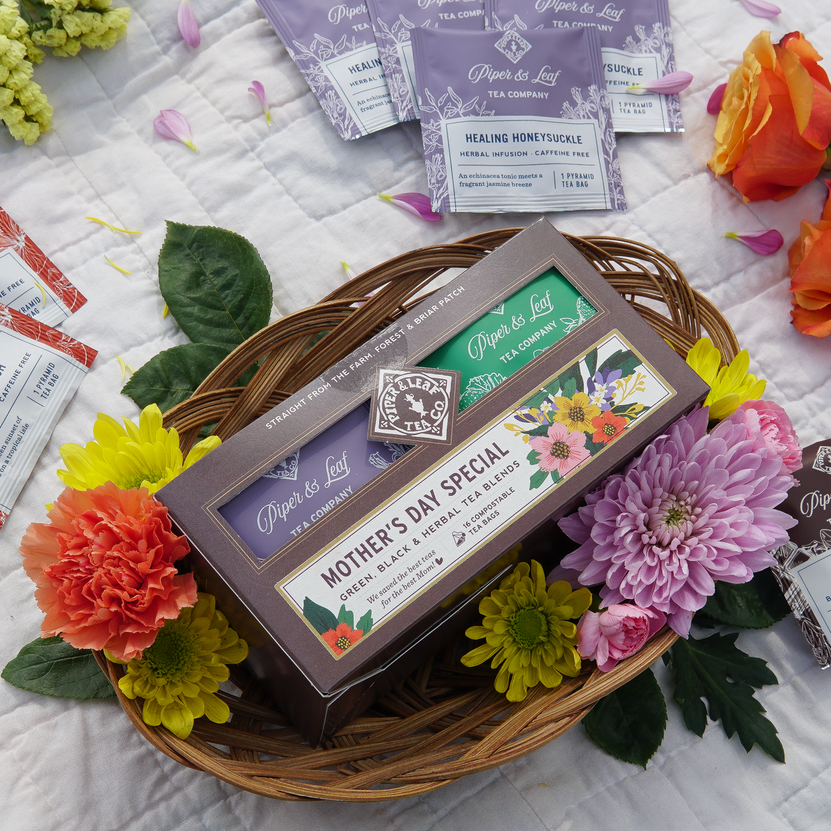 A box of 16 individually wrapped Piper & Leaf Tea Co. tea bags—The Mother's Day Special Tea Sampler—makes the perfect herbal tea gift, beautifully presented and ideal for celebrating Mother’s Day.