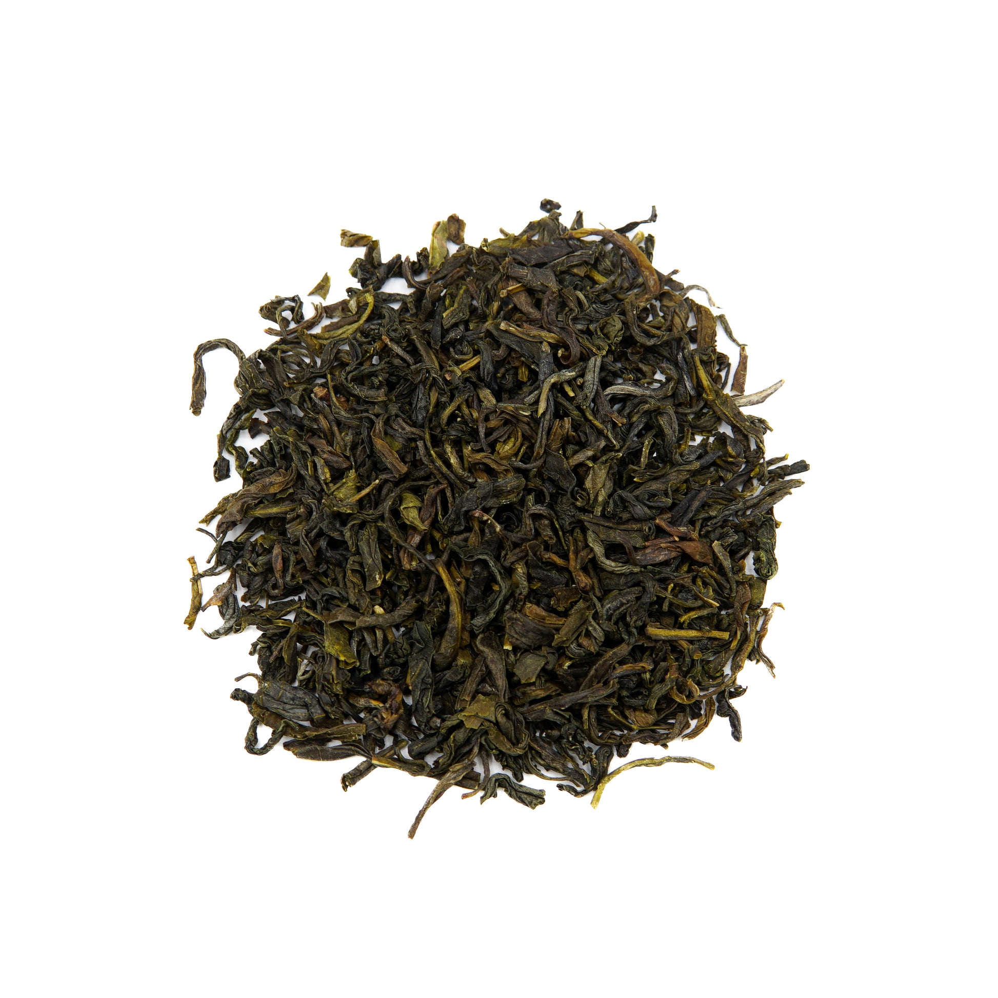 Jasmine Green 40 Serving Loose Leaf tea by Piper and Leaf Tea Co., part of the Heritage Collection, is artfully spread out on a white background.