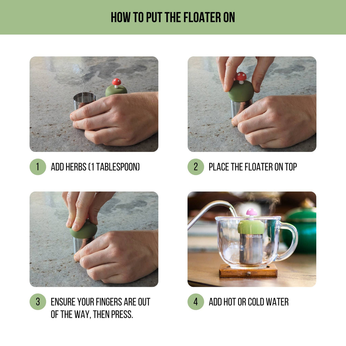 Four-step guide showing hands adding herbs to a loose leaf tea infuser, placing the Float2infuse Tea Infuser Yellow Butterfly – Floating Tea Infuser on top, pressing it gently, and pouring hot or cold water into a cup with this unique accessory.